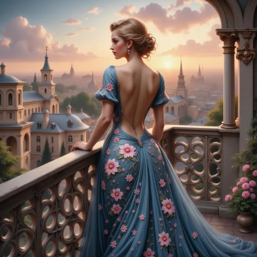 Prompt: A graceful figure stands on a balcony, gazing out over a picturesque cityscape bathed in the warm hues of sunset. Dressed in a stunning blue gown adorned with intricate floral embroidery, her elegant posture and the open back of the dress evoke a sense of timeless beauty and sophistication. The scene is framed by ornate, flower-decorated windows that add a romantic touch, while lush greenery and historical architecture hint at a rich and vibrant atmosphere beyond. Soft, golden light filters through the window, enhancing the serene yet enchanting mood of the moment, as the city skyline reveals itself in the distance, suggesting stories waiting to be discovered.