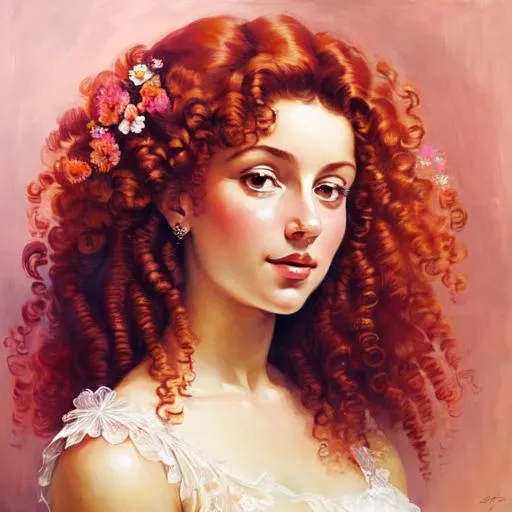 Prompt: a beautiful woman , auburn curly hair, lots of pretty pink flowers