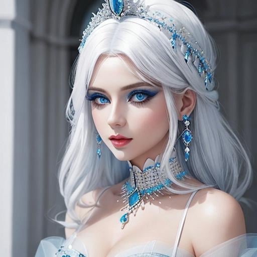 Prompt: A beautiful woman, white hair, blue eyes, blue eyeshadow, blue jewels o