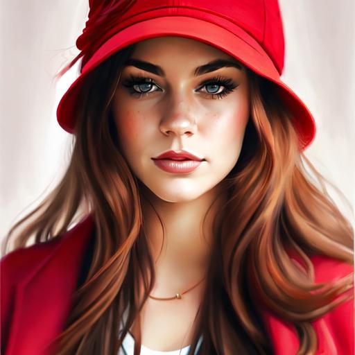 Prompt: Sad Rosie. The saddest woman ever, pretty, long hair, stylish clothes, red hat, facial closeup