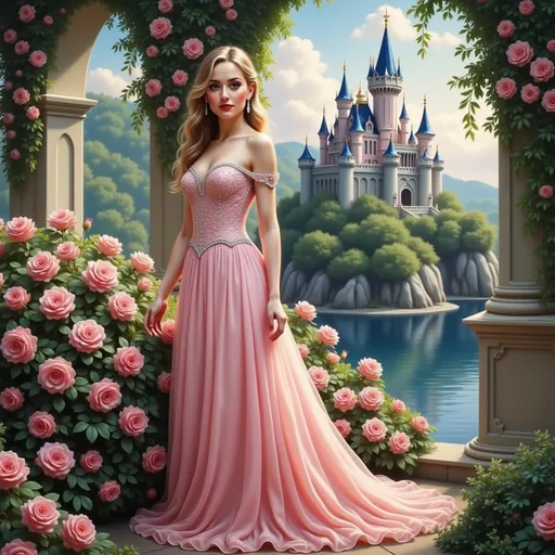 Prompt: Amidst a picturesque garden adorned with lush pink roses, a young woman stands gracefully in an exquisite blush gown that cascades elegantly to the ground. Her long, flowing hair frames a delicate face, accentuated by a soft expression that suggests both confidence and serenity. Behind her, a magnificent castle rises majestically against a clear blue sky, perched on rocky terrain surrounded by tranquil waters. The scene captures a harmonious blend of romance and fantasy, illuminated by warm sunlight that enhances the vibrant colors and intricate details of this enchanting fairy tale setting. The overall mood evokes a sense of whimsy and dreaminess, inviting viewers to lose themselves in this magical world.