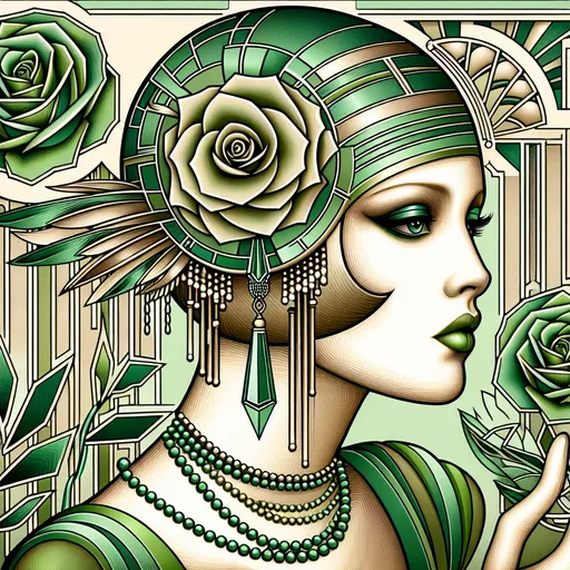 Prompt: <mymodel> a woman with a green hat and green necklaces on her head and a green rose on her head, Charlie Bowater, art deco, highly detailed digital painting, an art deco painting