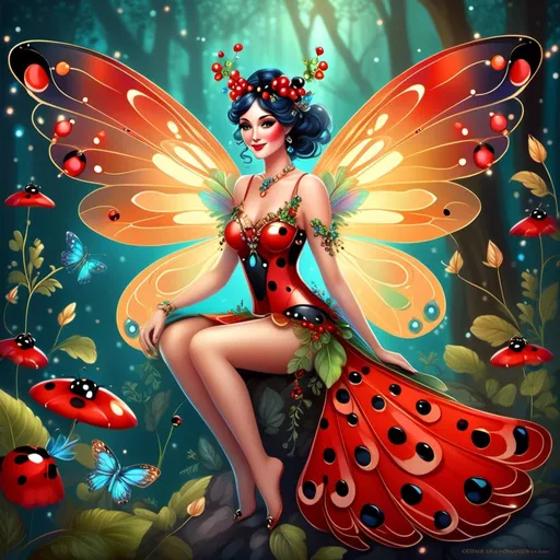 Prompt: Ladybug fairy goddess, digital illustration, serene woodland setting, intricate wings with holographic details, ethereal and magical vibe, vibrant and saturated colors, elegant and graceful pose, fine art quality, high resolution, fantasy, whimsical, holographic wings, magical, ethereal, vibrant colors, woodland, serene, elegant pose, fine art quality, detailed artwork<mymodel>