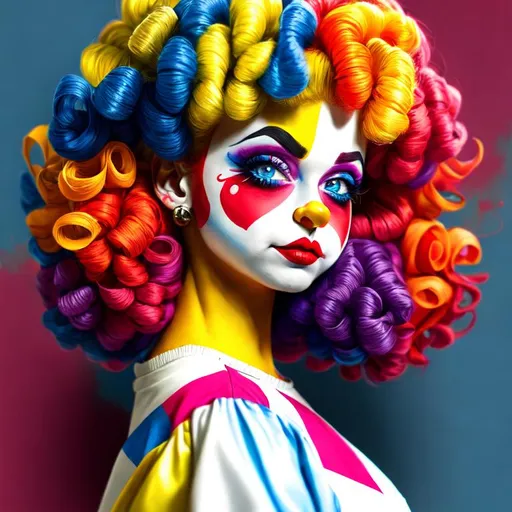 Prompt: Primary color clown, cute makeup, high quality, cartoon, bright colors, detailed features, playful expression, professional lighting