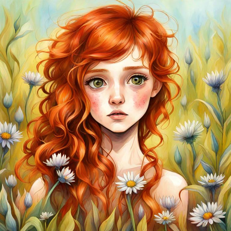 Prompt: ginger haired girl, large eyes,wildflowers