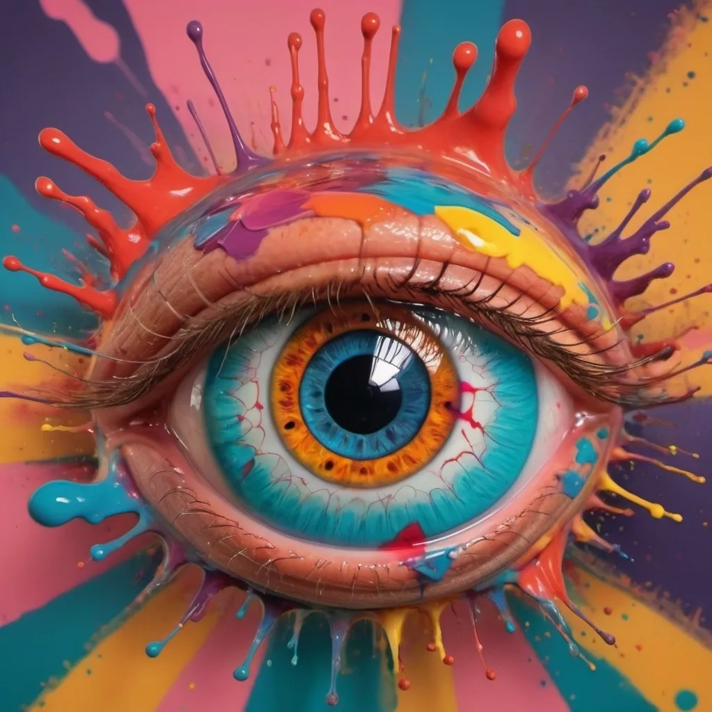 Prompt: a colorful eye with a large eyeball in the center of it, surrounded by colorful paint splatters, Alberto Seveso, psychedelic art, colorful flat surreal design, a pop art painting