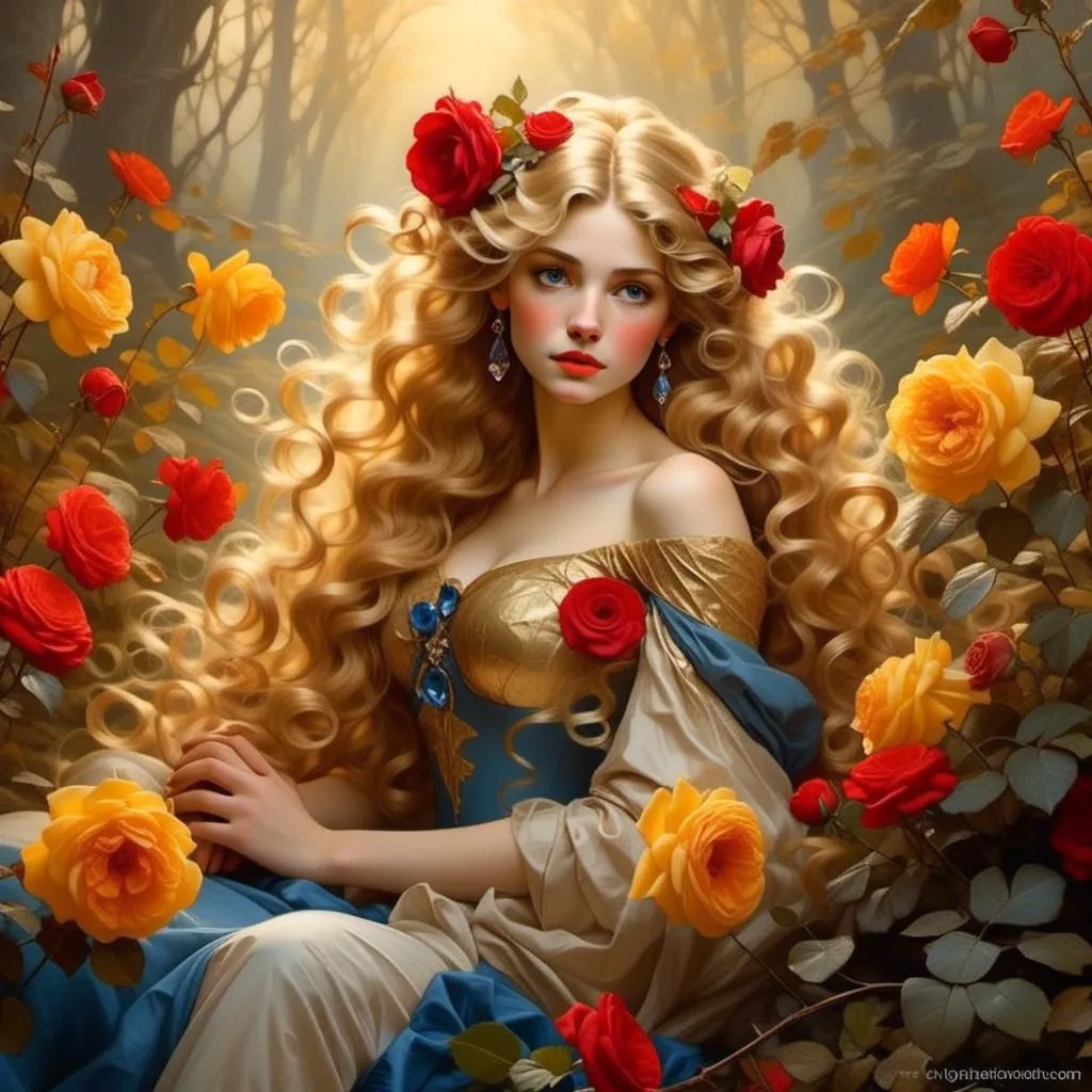 Prompt: <mymodel>Fairy tale, beautiful girl with white skin, (perfect face), light golden hair, blue pupils, red lips, forest style, mysterious, vintage fashion-dresses, with a transparent crystal crown on her head, the woman's body is so white Glows, (high detail) sitting on an oversized red rose, hyperdetail, ultra high definition.