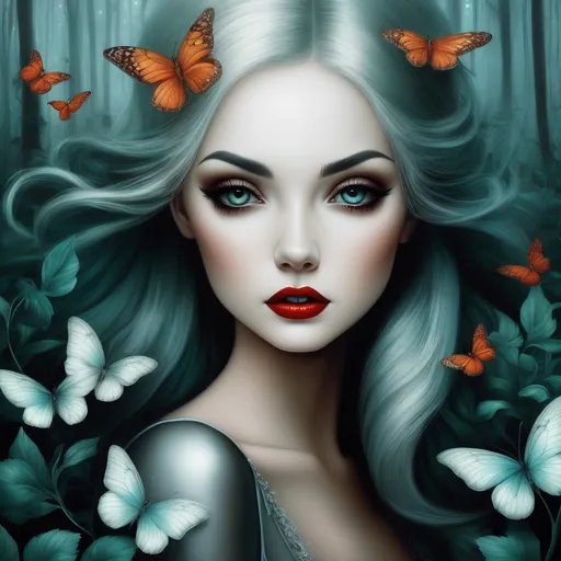 Prompt: The beautiful young lady with blowing platinum hair illustration art by Lori Earley, Daria Endresen, Tristan Eaton. Whimsical forest background, Extremely detailed, intricate, beautiful. 
