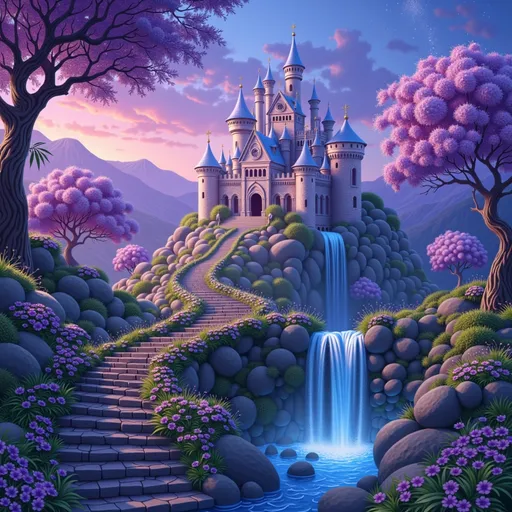 Prompt: A mystical castle rises majestically from a vibrant landscape, its spires reaching towards the starlit sky, illuminated by soft, enchanting hues of purple and blue. Surrounding the castle, lush trees with glowing foliage and colorful flowers add a whimsical touch to the scene, while a cascading waterfall glistens as it spills into a serene pool reflecting the pastel-colored lights. Stone steps lead up to the castle's grand entrance, beckoning visitors to explore its magical depths. The atmosphere is dreamlike and enchanting, exuding a sense of wonder that captures the viewer's imagination, as if plucked straight from a fairytale.
