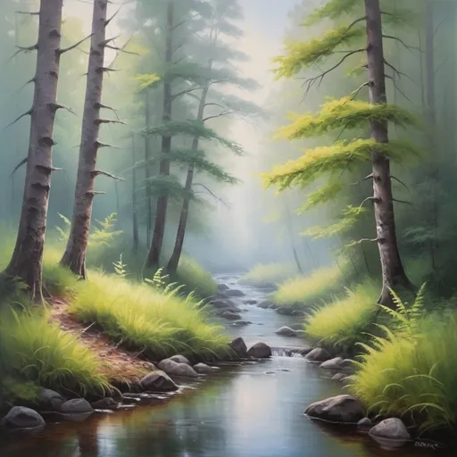 Prompt: Serene forest, oil painting, mist-covered trees, tranquil stream, vibrant and soothing colors, high quality, realistic, detailed foliage, peaceful atmosphere, soft natural lighting