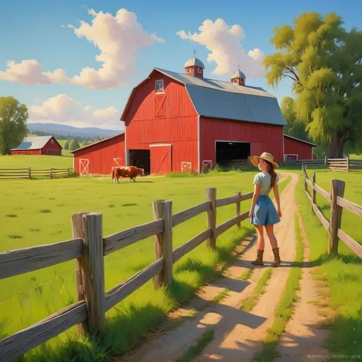 Prompt: a pretty farm girl in a classic farm scene with a red barn, rustic countryside setting, vibrant green pastures, traditional wooden fences, clear blue sky, high quality, oil painting, classic style, warm tones, natural lighting