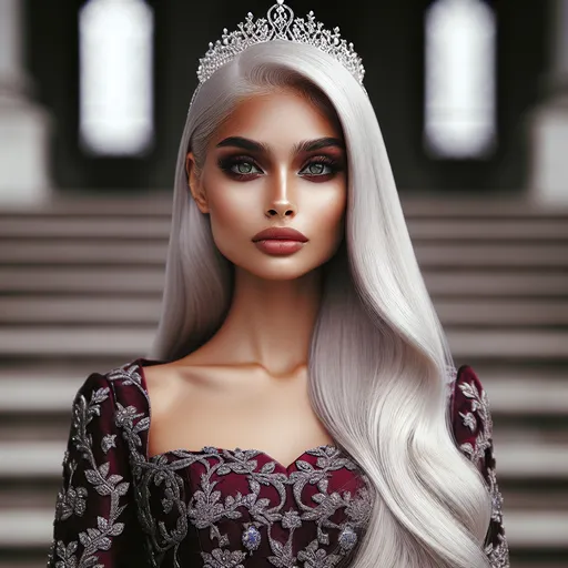 Prompt: A regal looking young woman in her early twenties, with sleek, long white hair, a silver circlet on top of her head, mesmerising green eyes, high cheekbones, fair skin, lean complexion, wearing an elegant dark crimson ball gown with intricate embroidered details, standing on a majestic staircase.