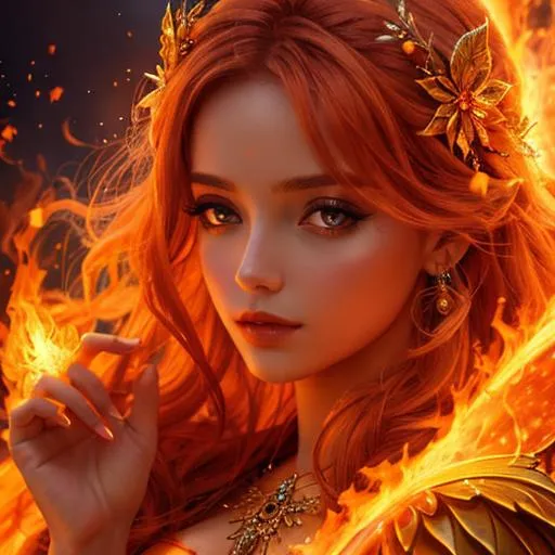 Prompt: fairy goddess, warm colors, fiery background, closeup