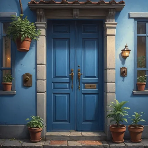 Prompt: a blue house with a potted plant and a door handle on the front of it and a potted plant in front of the door, Evgeny Lushpin, photorealism, ghibli, a painting