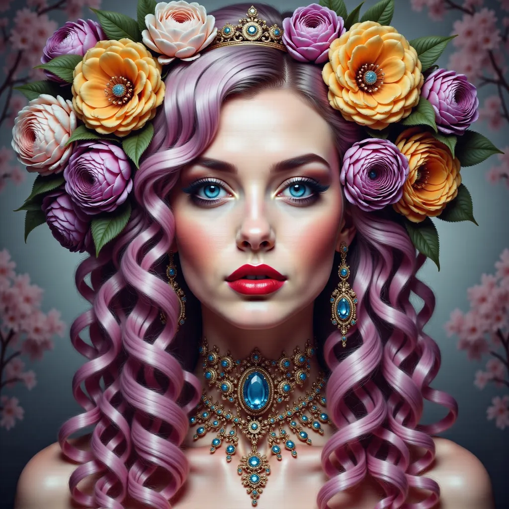 Prompt: a woman with pink hair and blue eyes wearing a necklace and earrings with flowers on her head and a flower in her hair, Alberto Seveso, photorealism, highly detailed digital painting, a photorealistic painting