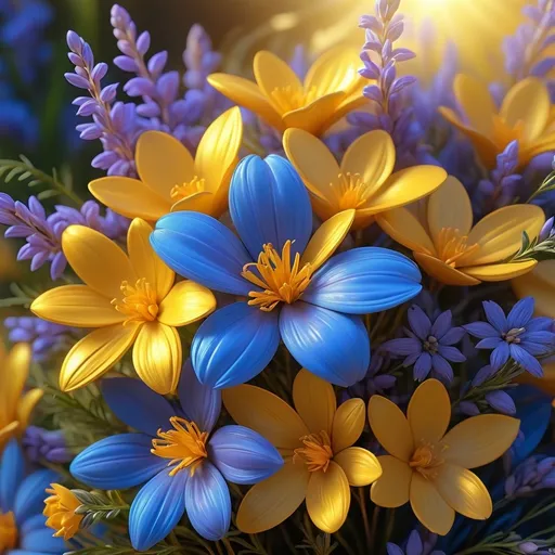 Prompt: blue and gold flowers