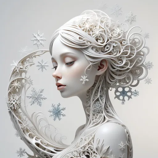 Prompt: A beautiful white female 3D sculpture against a white background, whimsical snowflakes fused throughout the sculpture, Stephanie Law style of hyperrealism, very intricate details, abstract vector fractal, wave function, zentangle, 3D shading