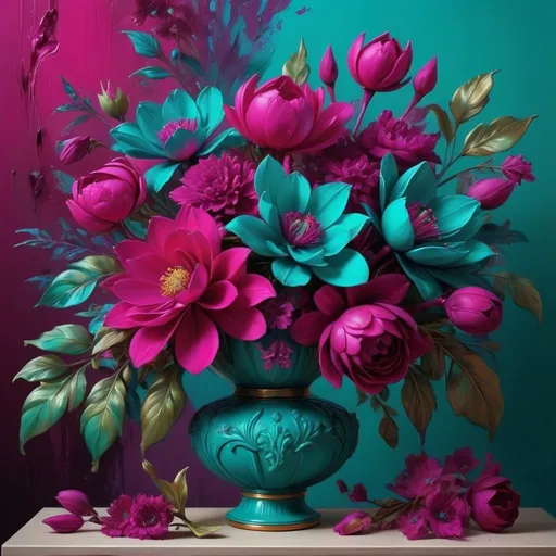 Prompt: <mymodel>Magenta and teal beauty, vivid colors, high contrast, detailed floral arrangement, oil painting, vibrant, realistic, 4k, ultra-detailed, surreal, dynamic lighting, luxurious, botanical, rich textures, modern, decorative, elegant composition