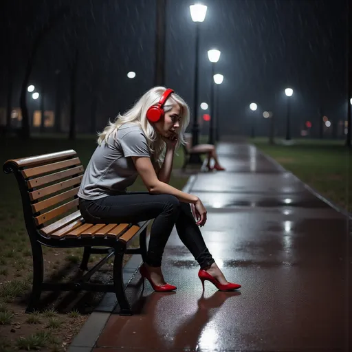 Prompt: Under the soft glow of streetlamps, a young woman sits alone on a wooden bench in a deserted park on a rainy night. Dressed casually in a gray t-shirt and sleek black jeans, she wears striking red high heels that give her a bold yet contemplative appearance. With her platinum blonde hair cascading around her shoulders, she listens intently to music through bright red headphones, her expression reflecting a mix of introspection and solitude. The wet pavement glistens beneath her, mirroring the hazy lights and enhancing the atmospheric mood of the scene, which feels both tranquil and slightly melancholic. The blurred background hints at the depth of the park, where trees stand stark against the night sky, adding to the overall sense of quiet reflection amidst the rain.