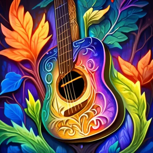 Prompt: Detailed fantasy illustration of an acoustic guitar, intricate wood carvings, enchanting forest setting, mystical glowing vines, magical aura, high quality, fantasy art, detailed woodwork, ethereal lighting, enchanting color palette