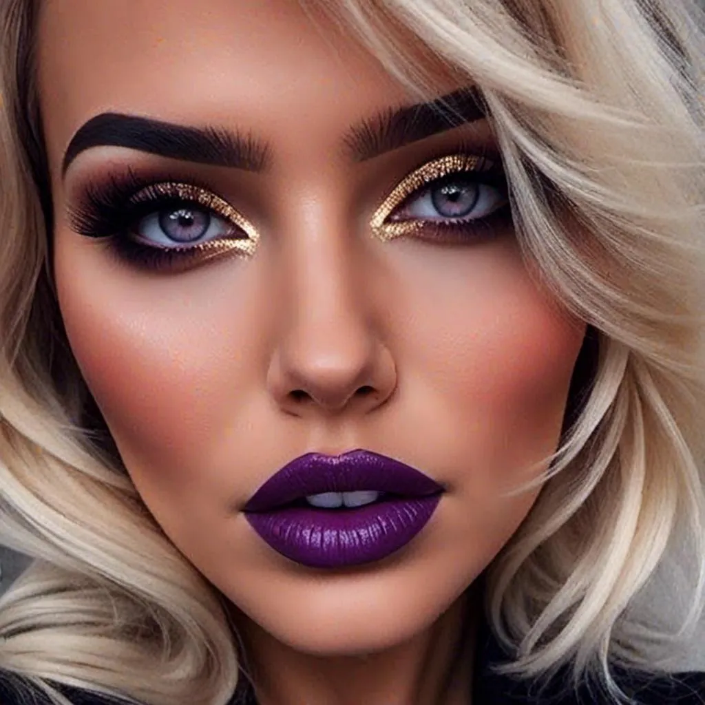 Prompt: <mymodel>Hypnotic bimbo  platinum  blonde   gold lips and purple eyeshadow 