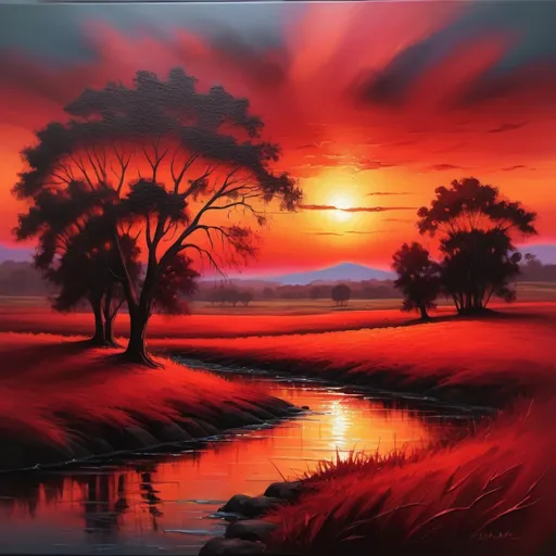 Prompt: Red sunset landscape, oil painting, vibrant colors, fine details, high-quality, realistic, warm tones, dramatic lighting, expansive horizon, silhouettes of trees, serene atmosphere