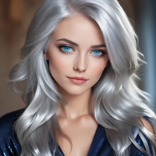 Blue-eyed girl in her 20s with long white hair, plea...