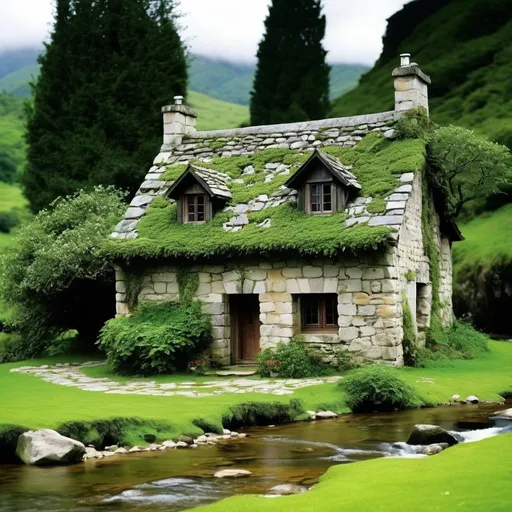 Prompt:  a majestic ancient stone cottage moss-covered , lush greenery, serene river flowing underneath