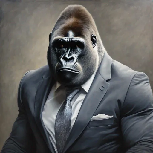 Prompt: Silverback gorilla in formal suit and tie, realistic oil painting, detailed facial features, 4k, ultra-detailed, realistic, formal attire, sophisticated, professional, serious expression, classic lighting, naturalistic colors, powerful presence