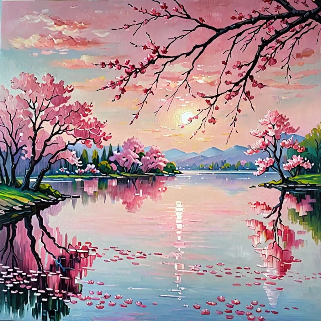 Prompt: A peaceful pink landscape, oil painting, cherry blossom trees in full bloom, serene lake reflecting the pink sky, high quality, impressionist, pastel pink tones, soft lighting