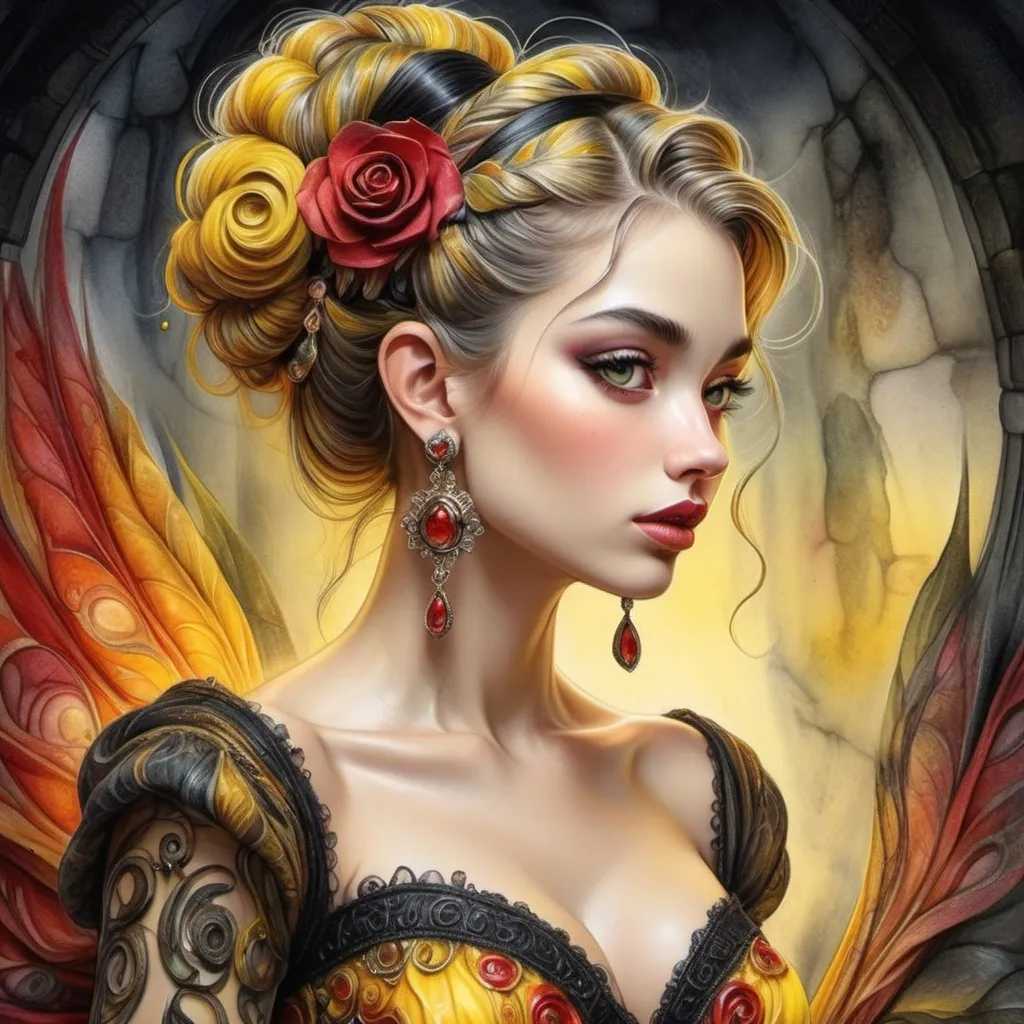 Prompt: beautiful woman, hair pinned up, yellow red black dress, earrings, Watercolor, trending on artstation, sharp focus, studio photo, intricate details, highly detailed, by  Josephine Wall and Jasmine Becket-Griffith