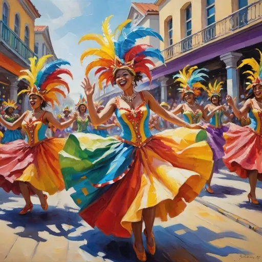 Prompt: Vibrant oil painting of a jubilant carnival parade, energetic dancers in colorful costumes, festive atmosphere, lively and dynamic composition, high quality, vibrant oil painting, festive colors, dynamic composition, energetic, jubilant atmosphere, carnival parade, colorful costumes, vibrant, celebratory, joyous