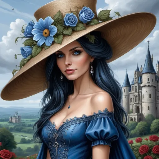 Prompt: a woman wearing a blue dress and a large hat with flowers on it's head and a castle in the background, Anne Stokes, gothic art, highly detailed digital painting, a detailed painting