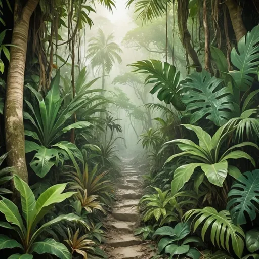 Prompt: jungle in Caribbean wall art background with white undertones