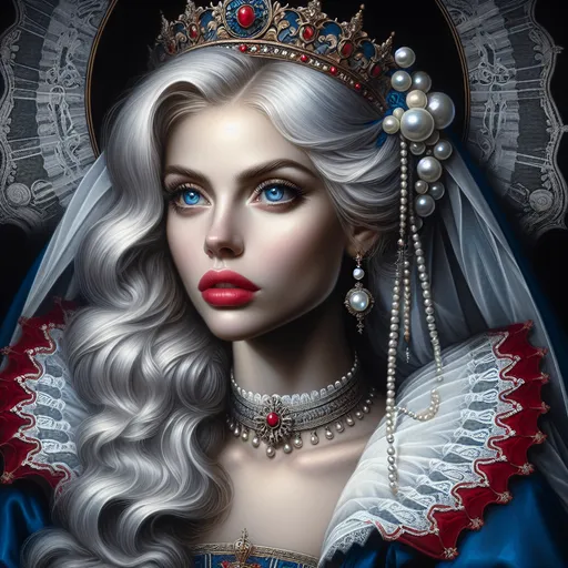 Prompt: a woman with  white hair, blue eyes, a tiara and pearls on her head and a red lip and a blue dress with a red and white collar, Anne Stokes, gothic art, highly detailed digital painting, a detailed painting