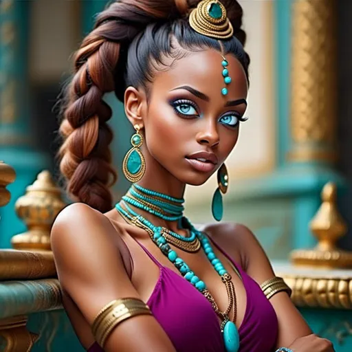 Prompt: <mymodel>An extremely gorgeous woman,  with top knots full of turquoise jewels, in color scheme of turquoise and gold