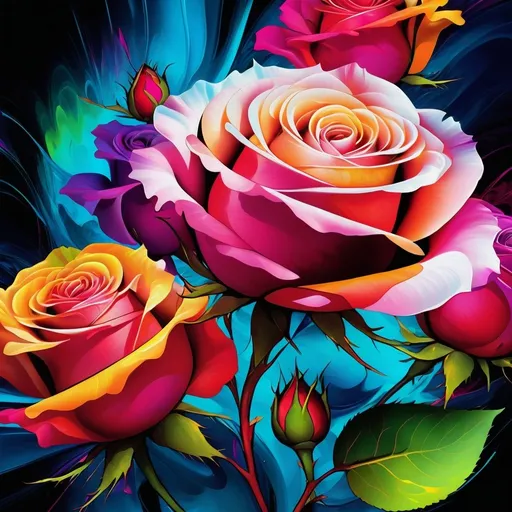 Prompt: Vibrant abstract digital artwork of roses, dazzling colors, dynamic composition, high energy, modern digital art, vibrant, abstract, digital, high energy, dynamic composition, best quality, colorful, vivid tones, professional lighting