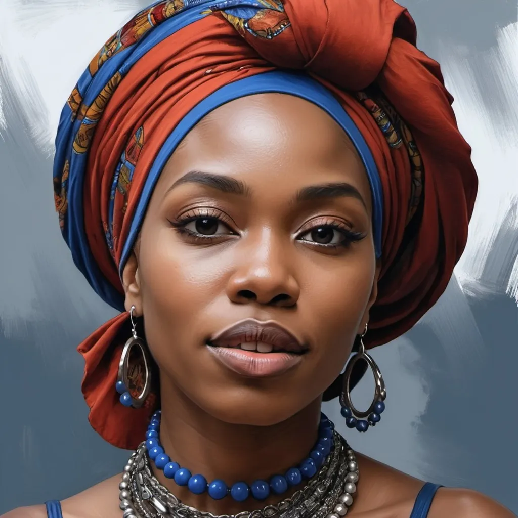 Prompt: <mymodel> a woman with a blue turban and a necklace on her neck and a necklace on her neck, Chinwe Chukwuogo-Roy, black arts movement, highly detailed digital painting, a digital painting