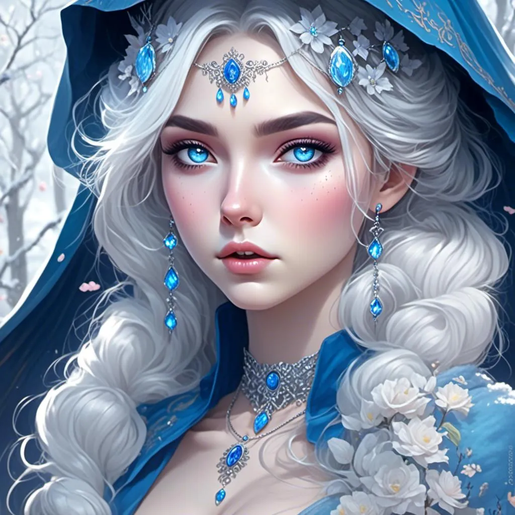 Prompt: <mymodel>A beautiful woman, snow white hair with pastel highlights, frosty blue eyes, blue eyeshadow, blue jewels on forehead