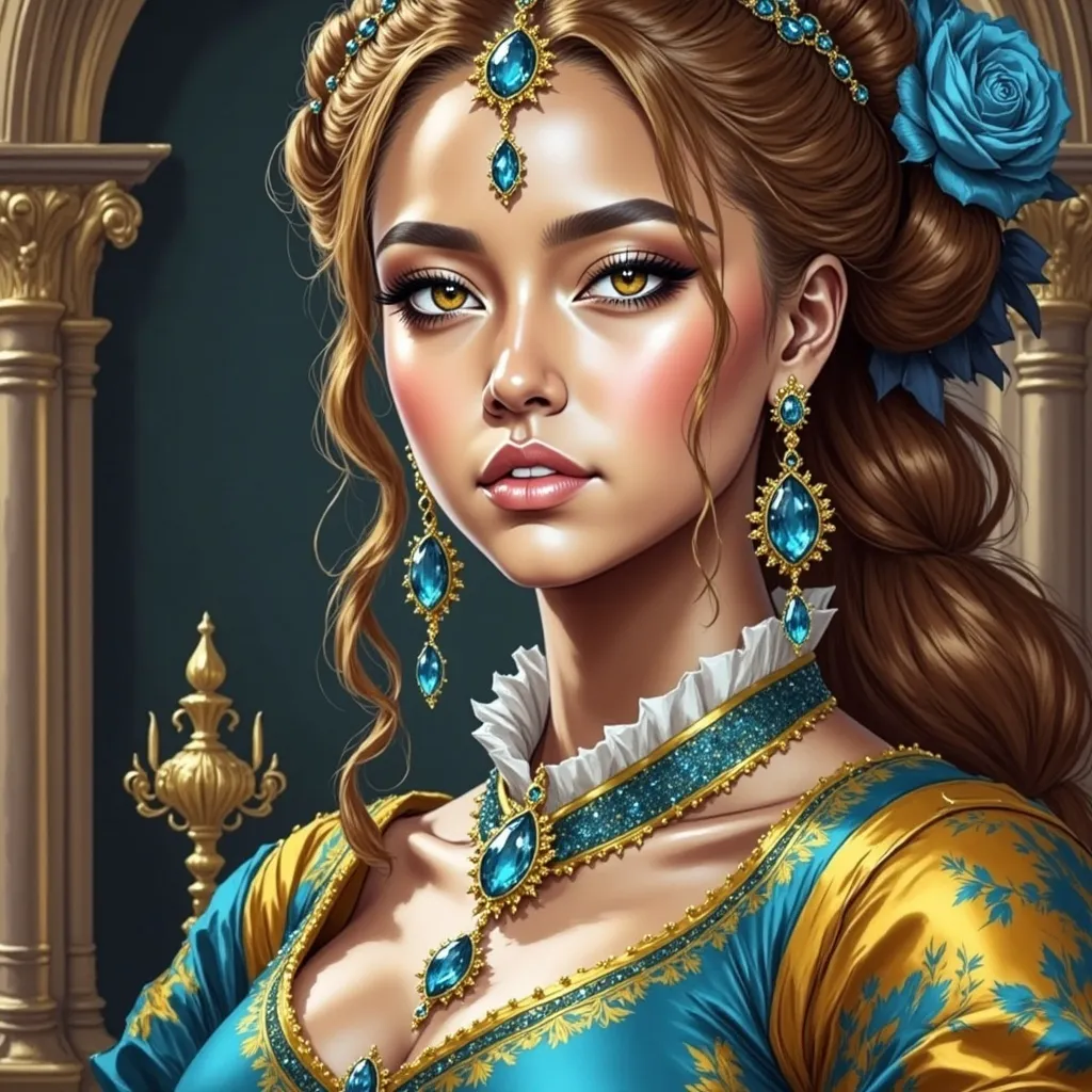 Prompt: a woman with blue makeup and a rose in her hair is wearing a blue dress and a blue rose in her hair, Anne Stokes, gothic art, highly detailed digital painting, a digital painting