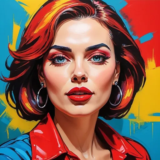 Prompt: <mymodel> Vibrant pop art portrait of a confident woman, acrylic painting, bold and bright colors, dynamic brush strokes, retro comic book style, high contrast, expressive facial features, striking red lips, lively and energetic, 4k resolution, pop art, acrylic painting, vibrant colors, dynamic brush strokes, retro style, expressive face, high contrast, energetic, bold design, professional lighting