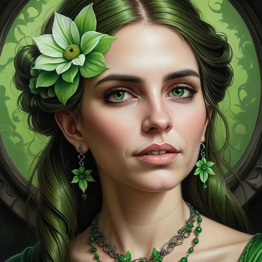 Prompt: a painting of a woman with flowers in her hair and a green dress with a green necklace and green earrings, Anne Stokes, gothic art, highly detailed digital painting, a detailed painting