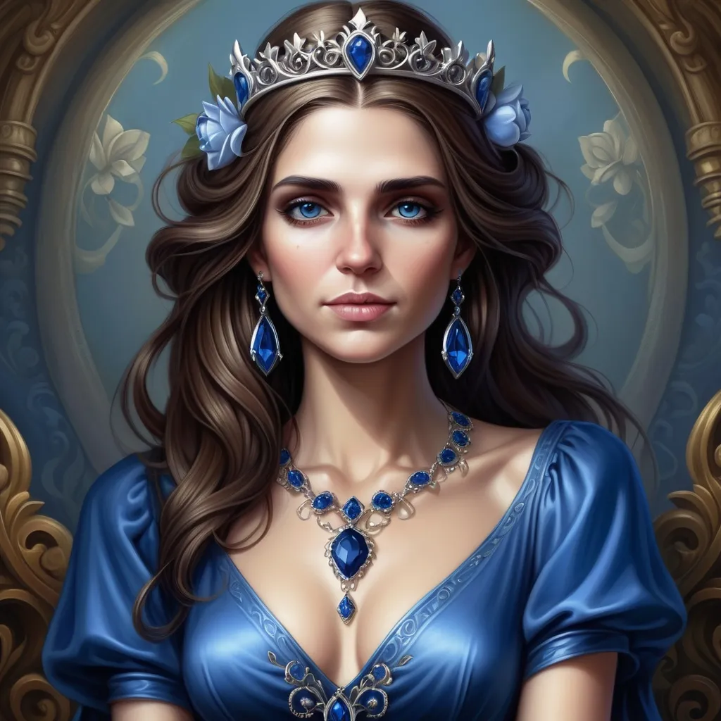 Prompt: a woman with a crown on her head and a necklace on her neck of sapphires, in a blue dress with flowers, Anne Stokes, fantasy art, highly detailed digital painting, a detailed painting