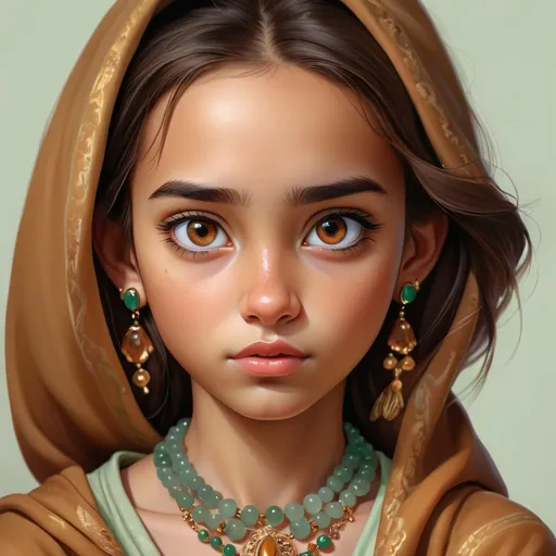 Prompt: Detailed realistic digital portrait of a young girl, brown eyes, jade jewelry