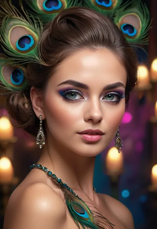 Prompt: <mymodel> Gorgeous woman with beautiful makeup and hair, peacock feathers, high-quality, detailed, realistic, elegant, vibrant colors, professional makeup, glamorous lighting, 4k resolution, portrait, detailed facial features, luxurious, exotic, peacock feathers, elegant hairstyle, stunning makeup, beauty shot