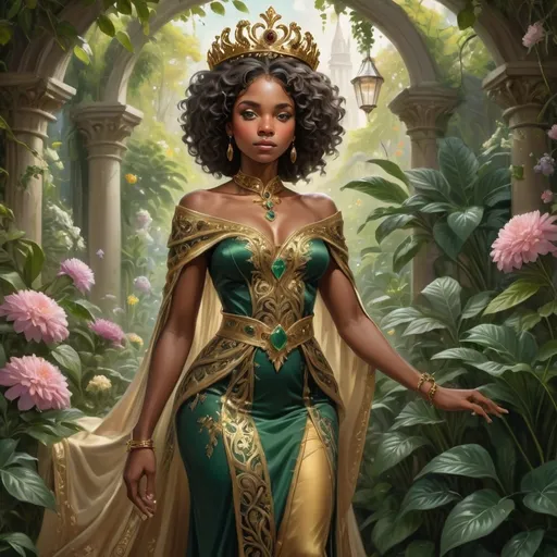 Prompt: A regal black woman stands amidst a lush backdrop of flowering plants, radiating elegance and charm. Her rich, curly hair is adorned with delicate flowers and a golden tiara, emphasizing her graceful demeanor. Clad in an intricately designed outfit featuring emerald green and gold accents, she wears elaborate jewelry that catches the light, adding to her majestic presence. The softly diffused light creates a romantic ambiance, enhancing the colors of the flowers surrounding her, which are painted in warm pinks that contrast beautifully with her skin tone. The scene evokes a sense of beauty and nobility, inviting viewers into a serene and enchanting world.