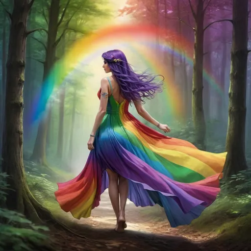 Prompt: a woman in a rainbow dress is walking through the woods with a rainbow colored dress on her shoulders and a rainbow - colored dress on her back, Anne Stokes, fantasy art, mystical colors, digital art