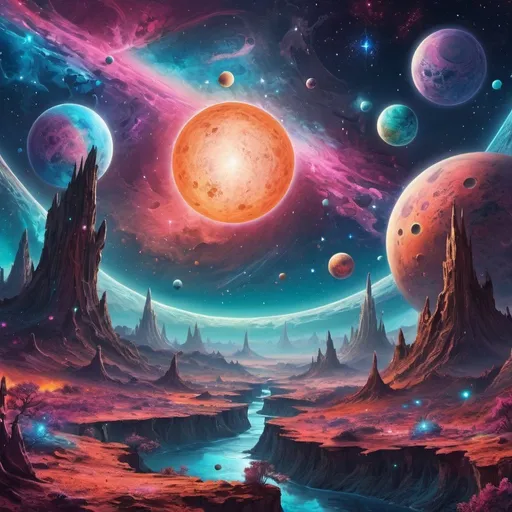 Prompt: Cosmic landscape with vibrant planets and moons orbiting amidst twinkling stars, surreal fantasy art, high quality, fantasy style, vibrant color palette, glowing celestial bodies, dreamy atmosphere, detailed cosmic detail, otherworldly fantasy, cosmic, vibrant, surreal, dreamy, detailed planets, moons, stars, high quality, fantasy art