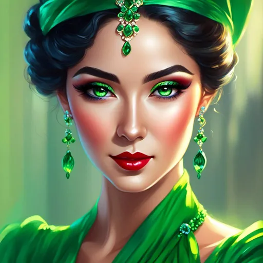 Prompt: <mymodel>Detailed illustration of a asian woman in vibrant green attire, large vivid green eyes, elegant makeup, digital painting, high resolution, realistic style, vibrant green, professional lighting