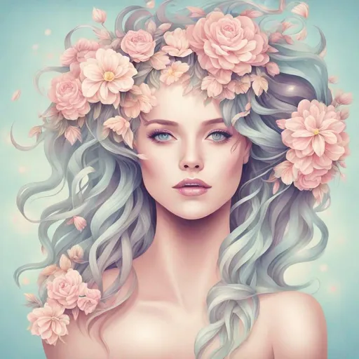 Prompt: Beautiful creation, woman with flowers in her hair, pastel colors